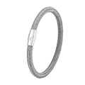 Titanium steel geometric wire bracelet with a magnetic clasp shown in one of four colour options.
