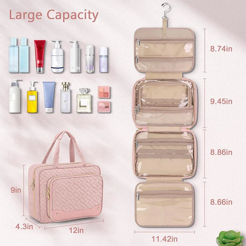 Pink waterproof hanging cosmetic bag with dimensions 30.5cm wide by 22.9cm tall