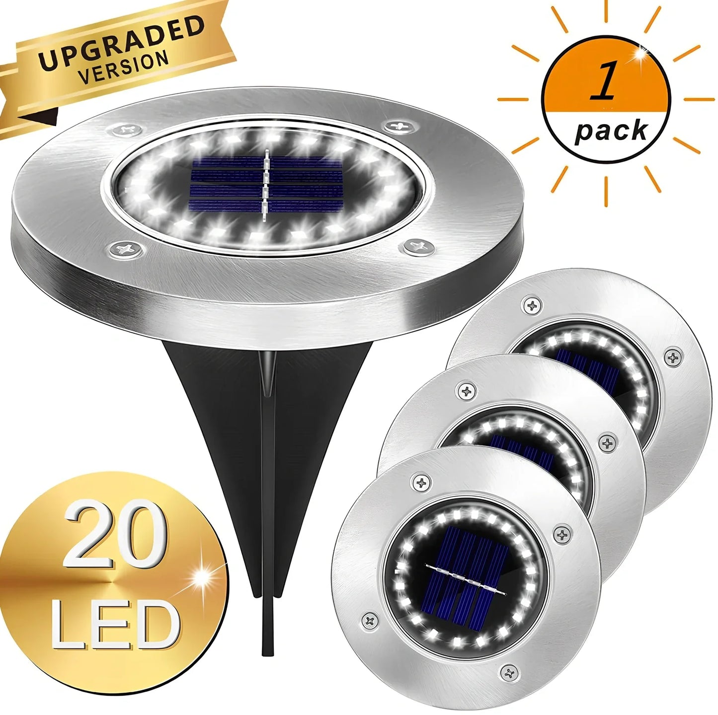 8LED waterproof solar garden light staked in lawn with warm glow, IP65 rated for rain resistance