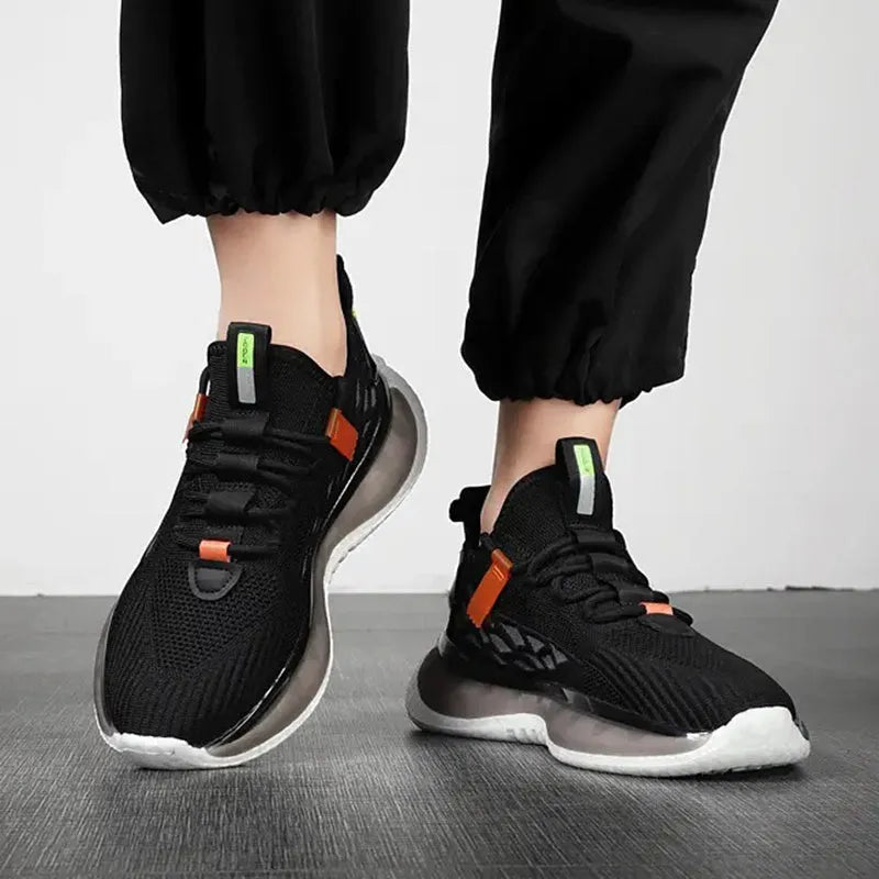 Men's mesh lace up running shoes in peacock blue with thick sole and round toe