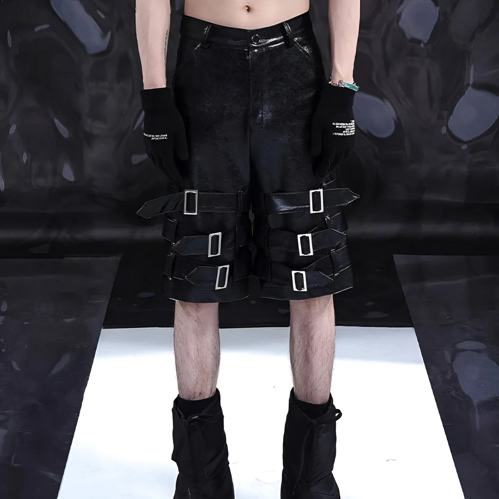 Men's black PU leather casual cropped pants with leather ring details showing medium to low waist construction