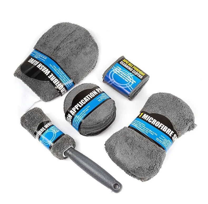 9-piece grey car wash cleaning set with microfiber towels, sponge, tire brush and waxing wipes