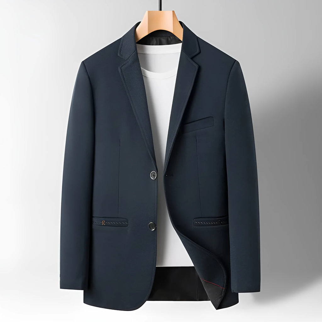 Spring men's tailored collar suit in blue, polyester non-ironing fabric, long sleeves, light business style