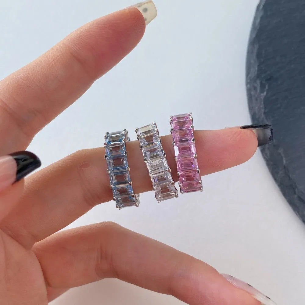 Women's rectangular silver ring with full diamond and super glitter zircon stones in blue colour