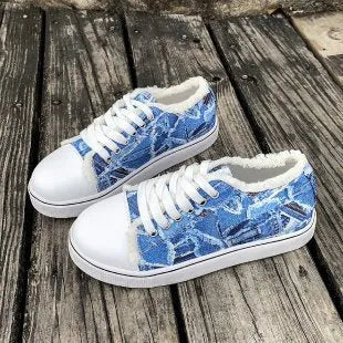 Plus size flat canvas shoes low top animal print Denim Blue side view