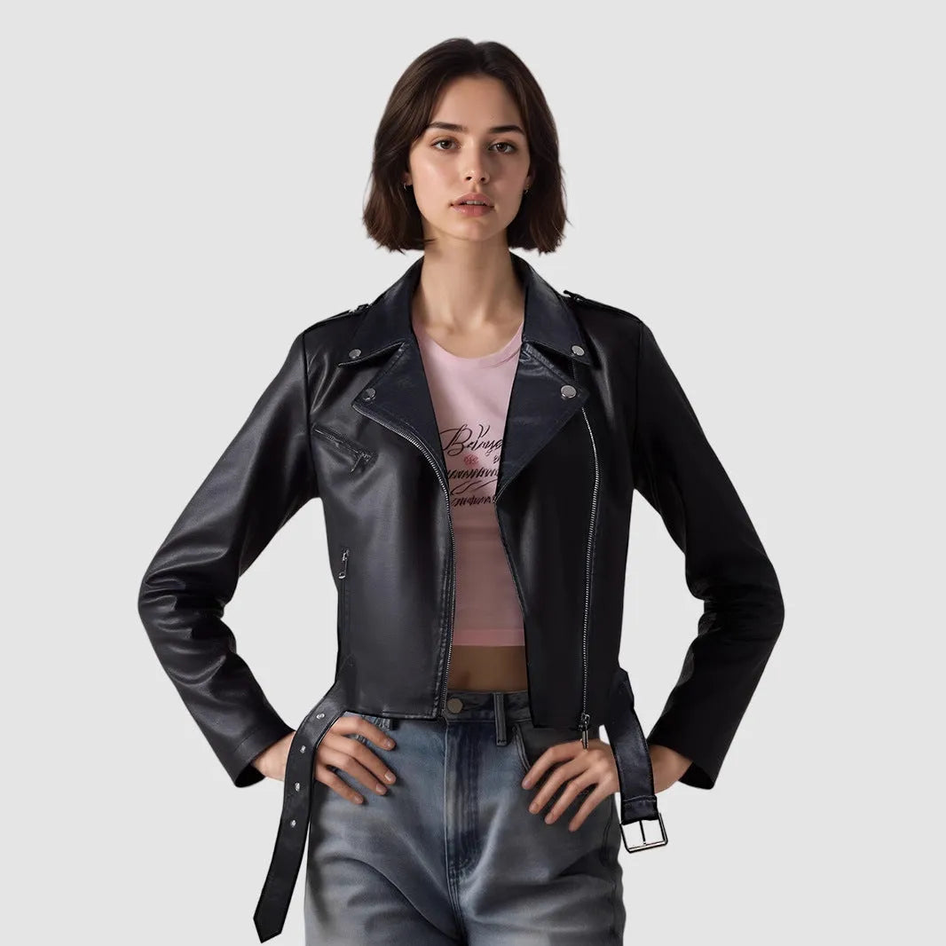 Women's red PU leather motorcycle jacket with lapel collar and waist belt on a model.