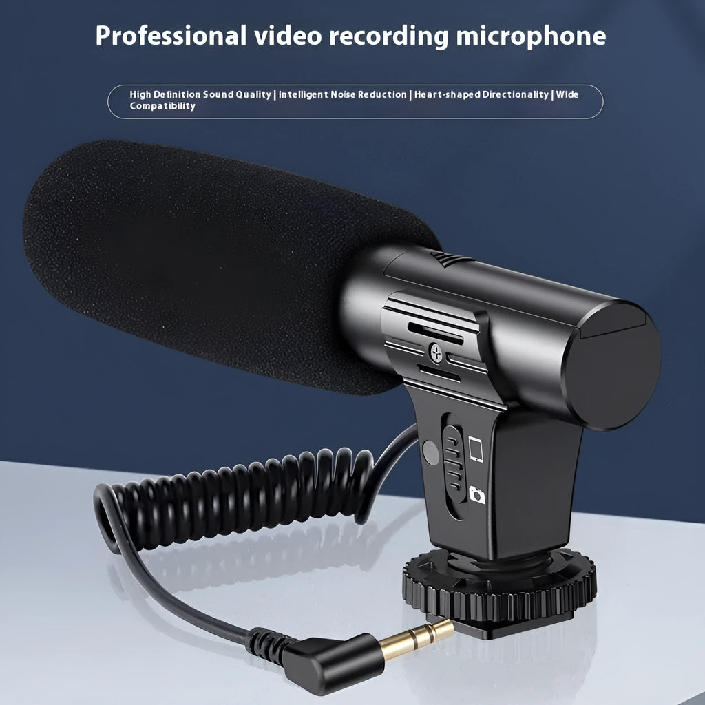 Black cardioid condenser microphone with 3.5mm TRRS plug for smartphone video recording.