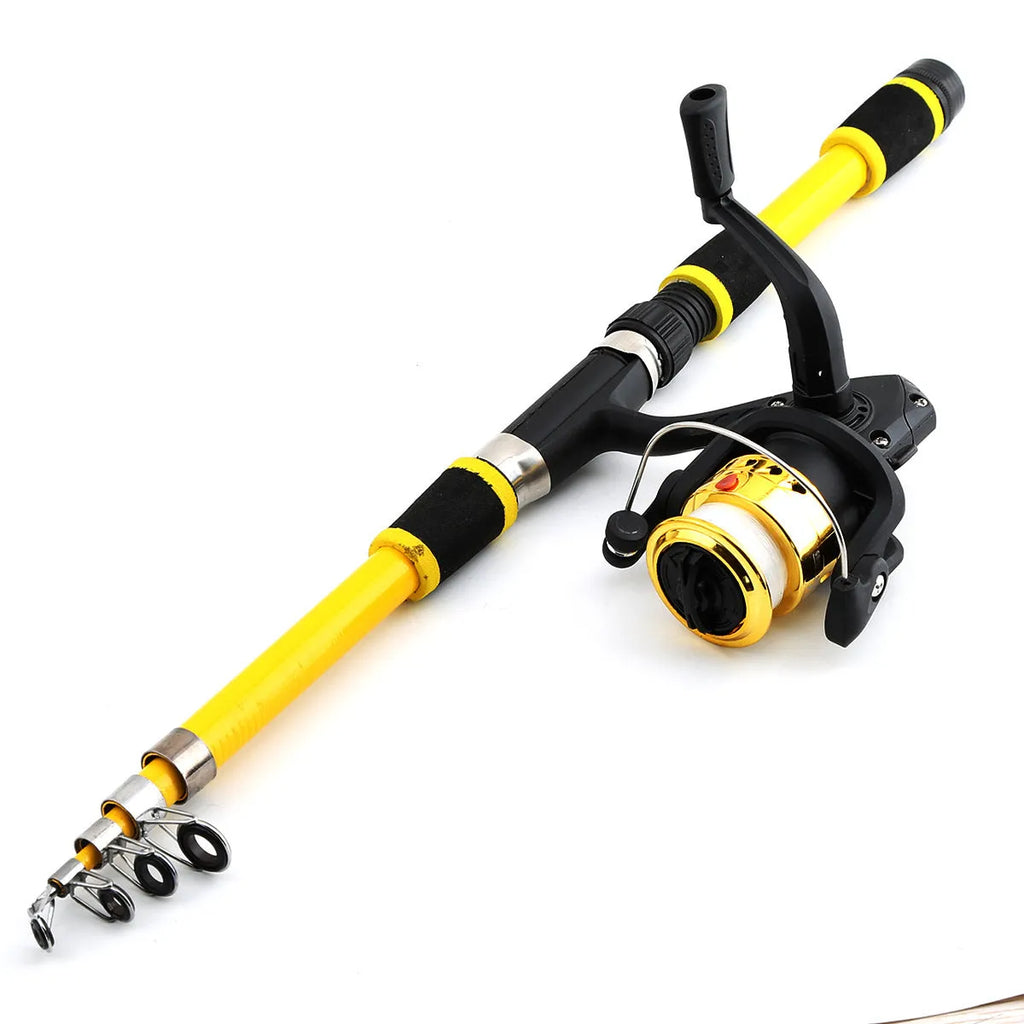 Children's fishing rod set with pole and reel in blue, green, red, or yellow colours for beginner anglers