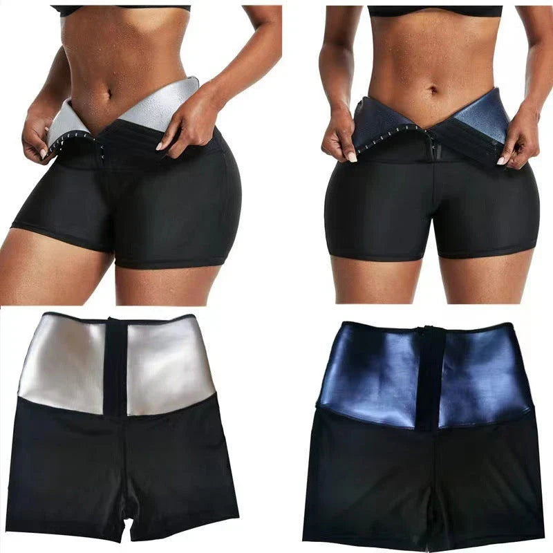 Neoprene slimming pants with waist trainer in silver and blue for fitness and shaping