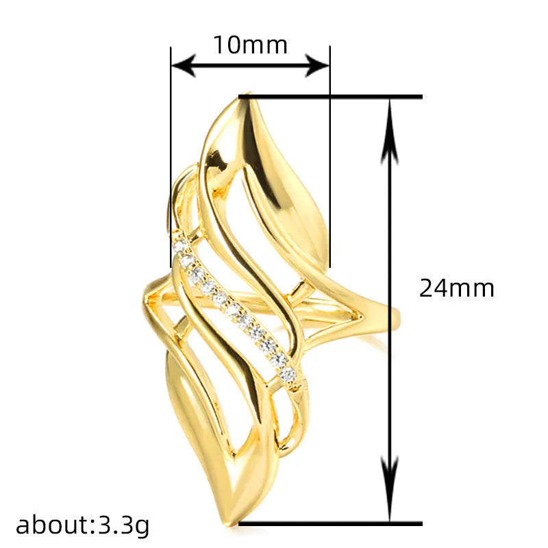Women's exaggerated curve copper ring with zircon treatment in gold colour