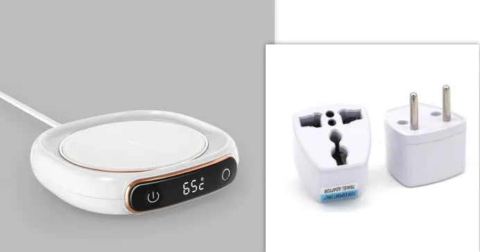 USB-powered white coffee mug warmer with ABS base and metal heating plate on wooden desk