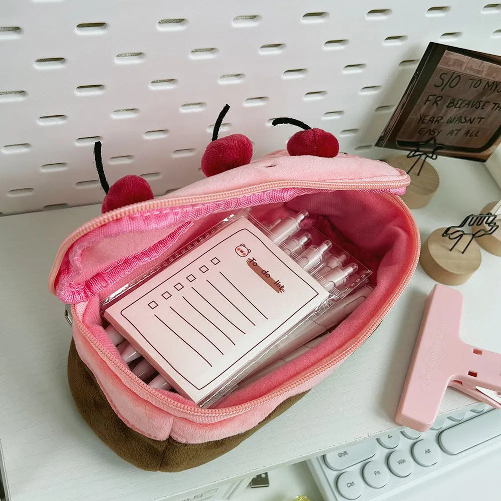 Cherry Cake plush velvet pencil bag in Korean style for pens and stationery
