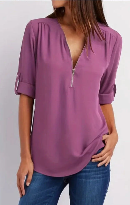 Women's ruched half zip casual blouse with rollable sleeves in various colours