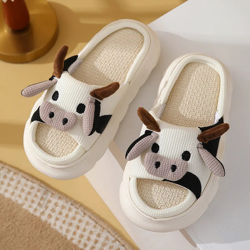 Cartoon cow frog design linen slippers with non-slip PVC sole