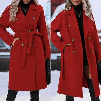 Double-breasted trench coat in red, black, and khaki colors with adjustable belt for a customized fit