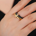 Heart shape titanium steel women's ring with double band, glossy stitching, and inlaid zirconium stones.