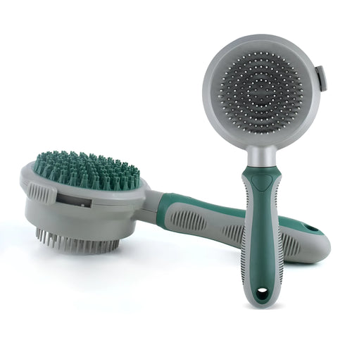Green two-sided pet grooming brush showing slicker brush and silicone massager sides with anti-slip handle
