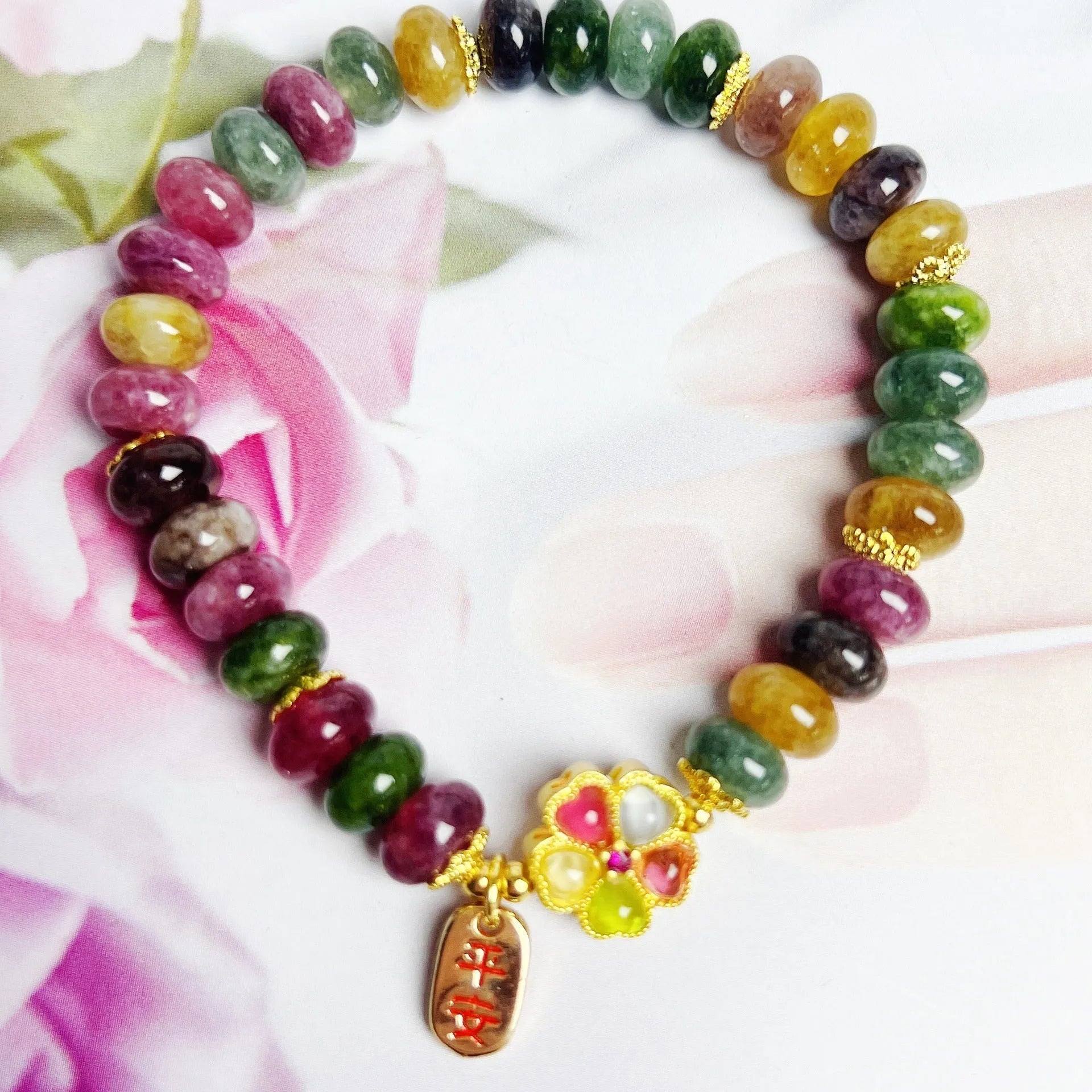 Colourful artificial crystal abacus bead bracelet for women with tourmaline-inspired design and hand-finished details