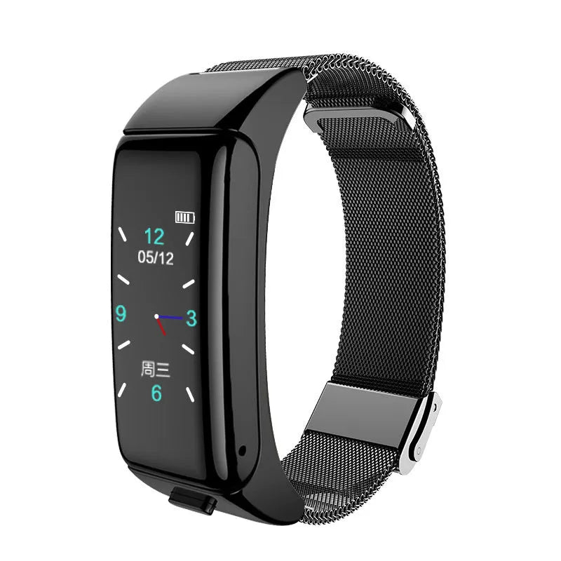 Bluetooth smart watch with call functions showing touch screen and choice of leather, silicone or steel straps