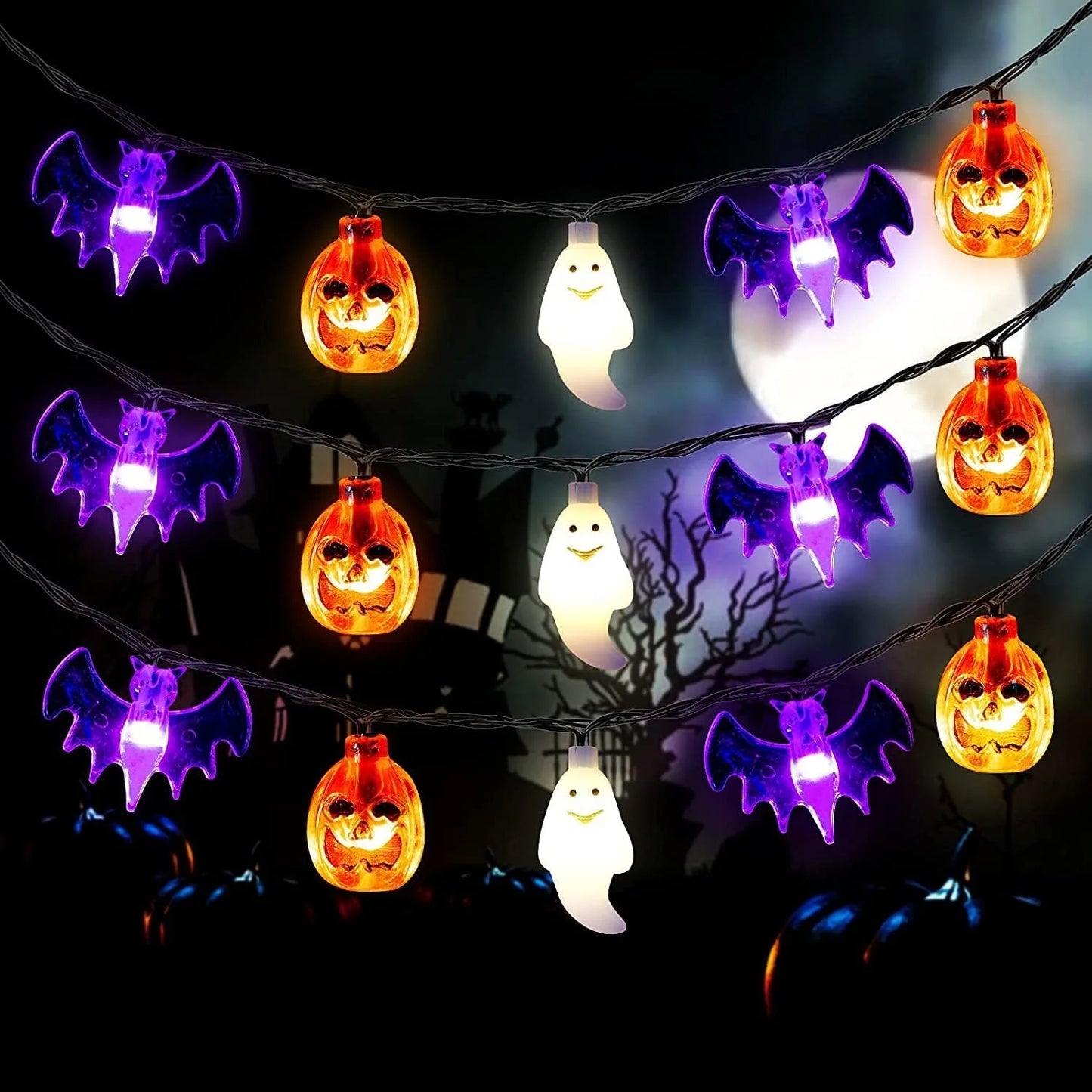 LED Halloween string lights with pumpkin, spider, bat, and skull designs in purple and green