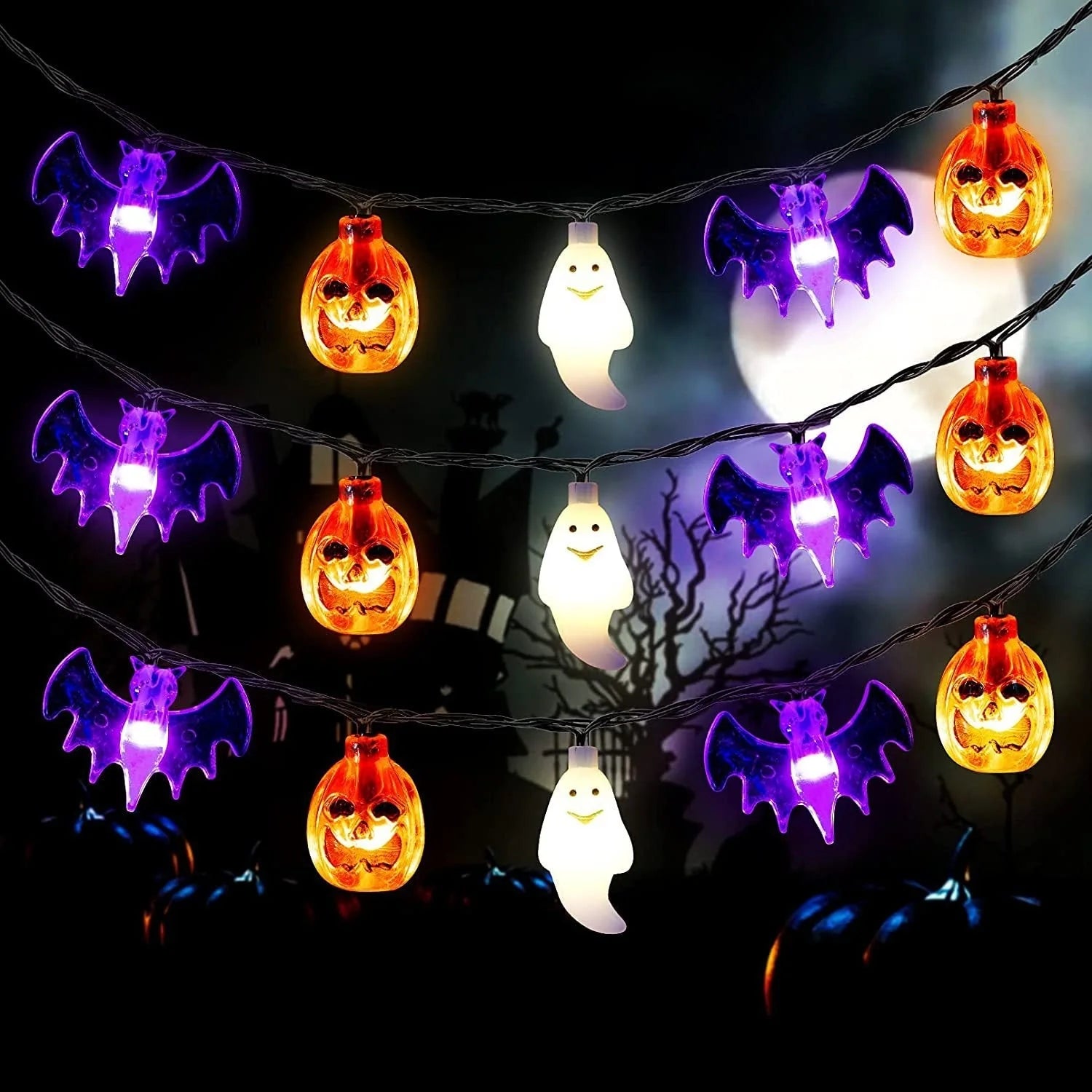 LED Halloween string lights with pumpkin, spider, bat, and skull designs in purple and green