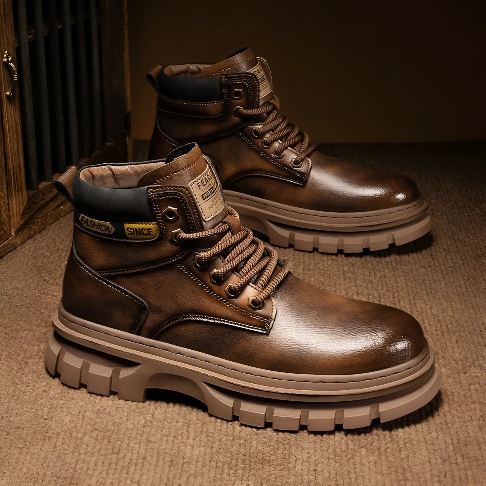 Men's brown lace-up Martin boots with round toe and rubber sole on a neutral background.