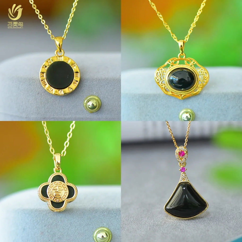 Natural Hetian grey jade pendant with copper inlaid detailing and ink blue jade accents on silver necklace chain