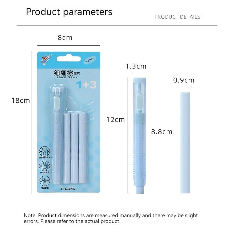 Push type automatic children's eraser in blue, green, pink, or purple colours for traceless pencil mark removal