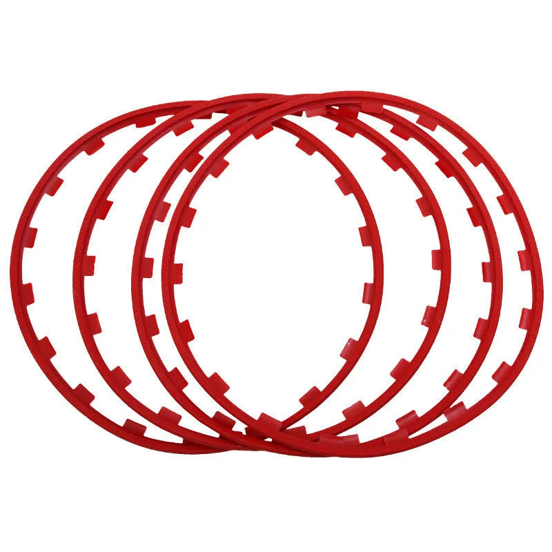 Set of four nylon wheel hub protection rings in assorted colours for 16 to 20-inch wheels.