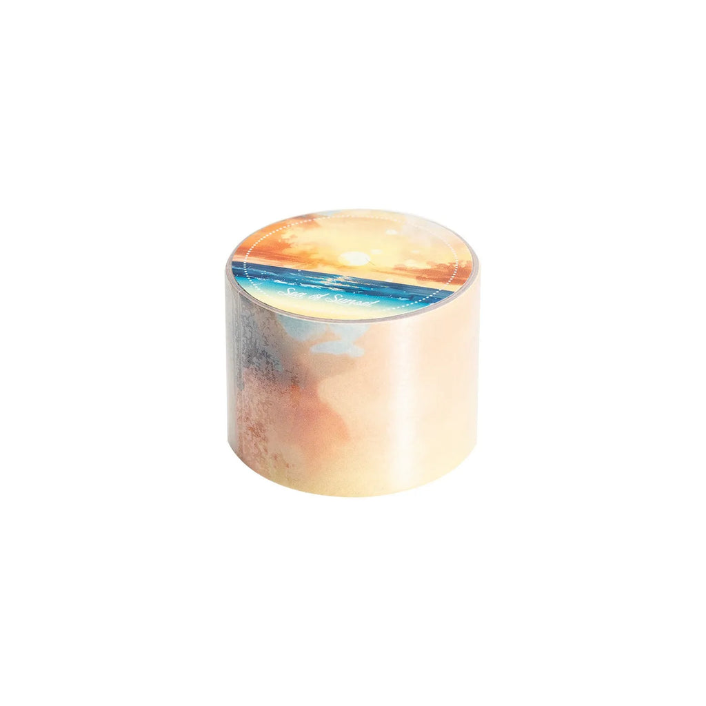 Japanese paper washi tape roll with sky theme designs including clouds, sun, moon, and nebula patterns