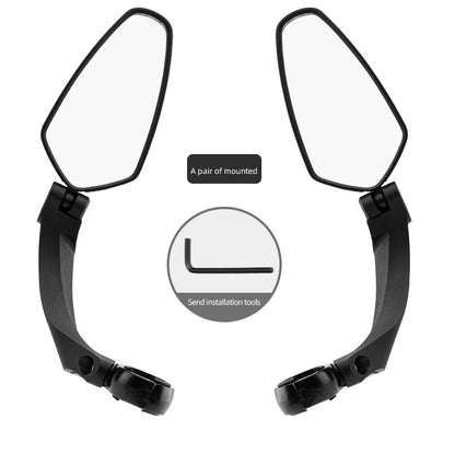 Bike mirror with acrylic lens mounted on bicycle handlebar showing 360° rotation capability