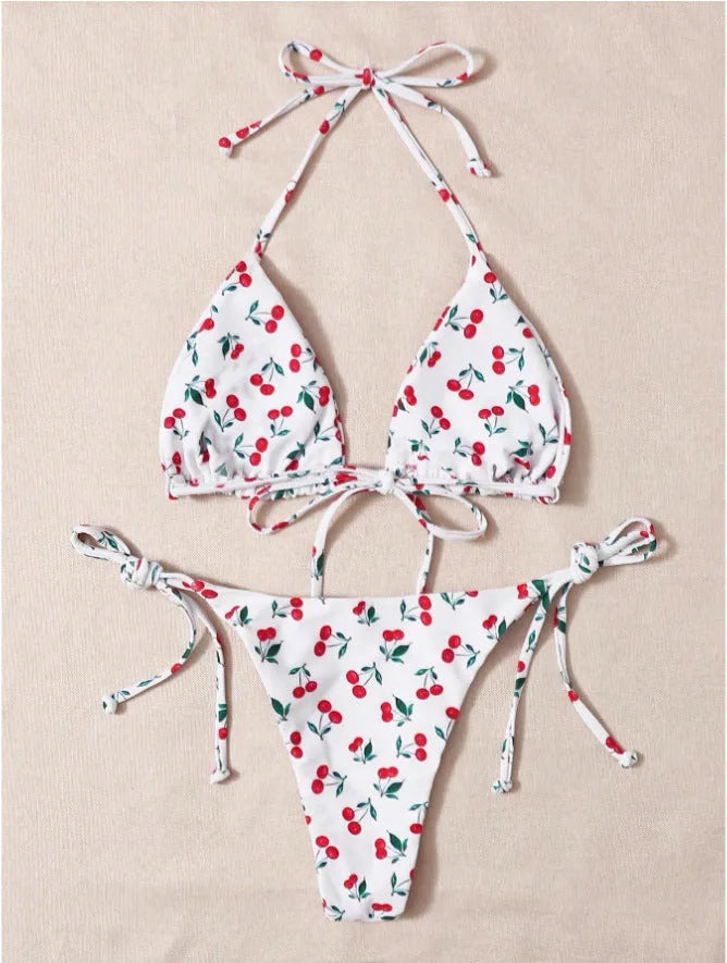 Holiday split halter bikini set in solid colour with backless design