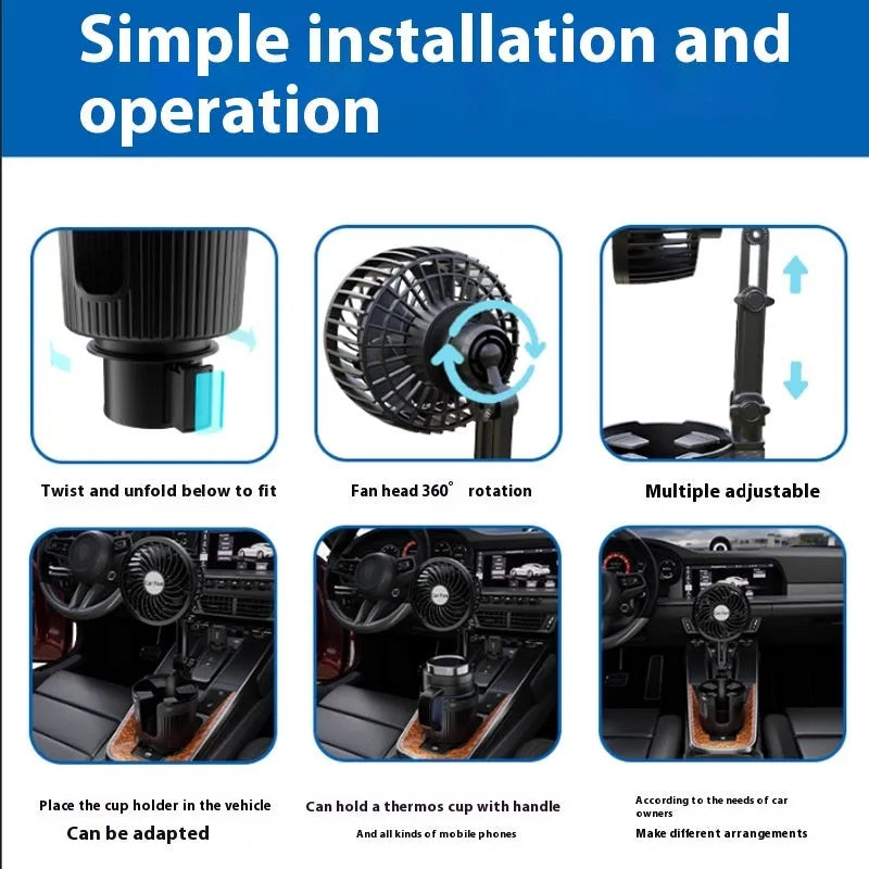 Car water cup holder fan showing 4-inch and 6-inch size options for 12V, 24V, and USB power