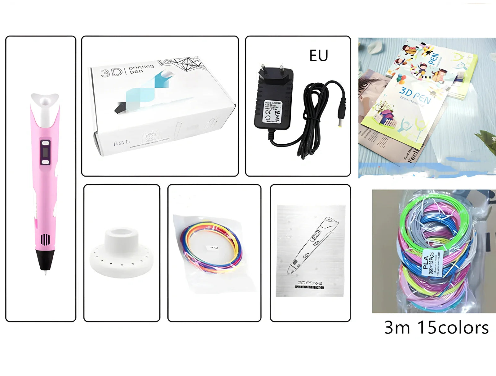 Yellow Children's 3D Printing Pen with USB, base, and 3m 3-colour consumables for three-dimensional drawing