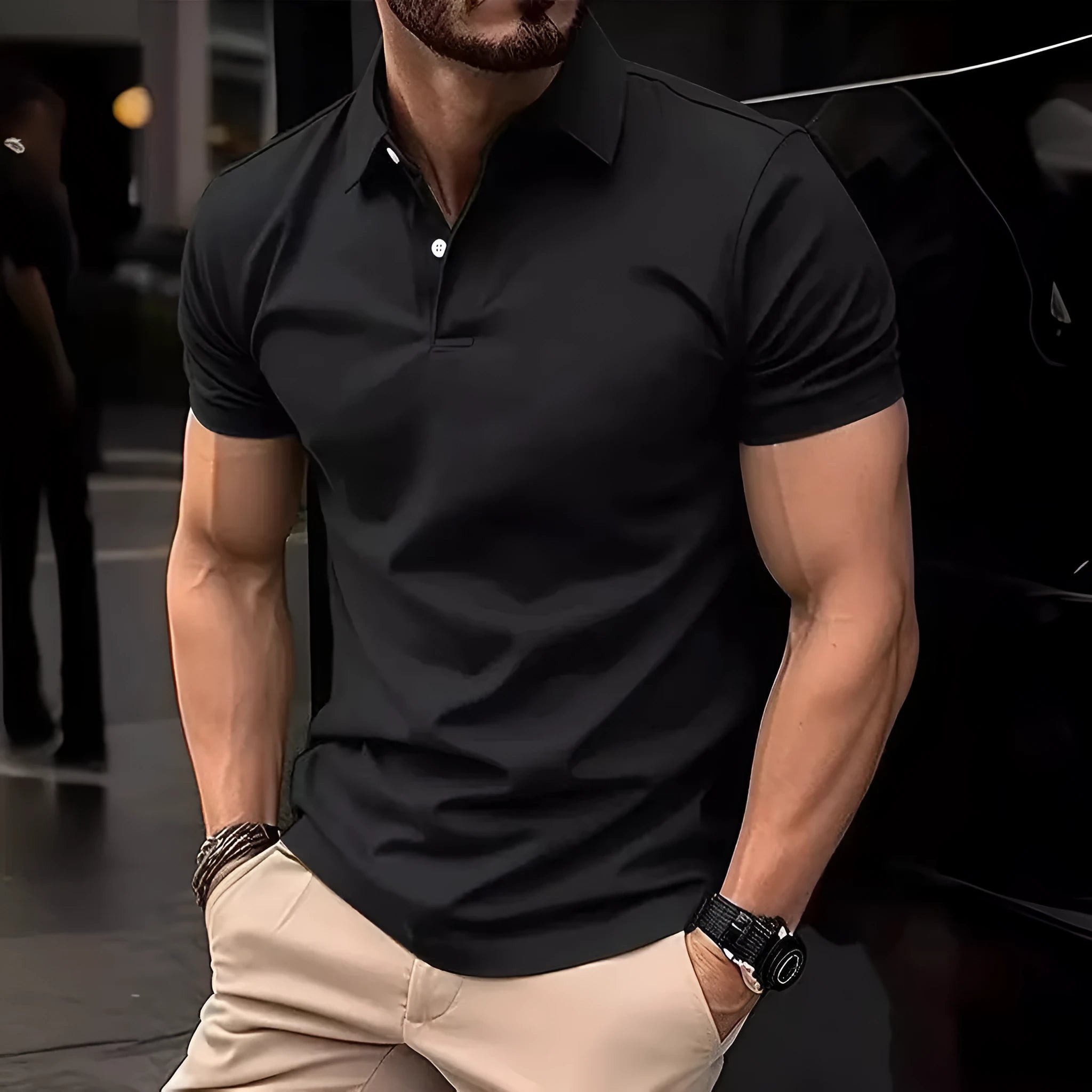 Men's slim fit casual short sleeve shirt in a solid colour on a hanger.