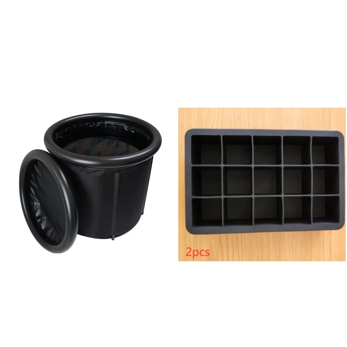 Black inflatable PVC ice bath tub measuring 70x80cm with weather lid and insulation for cold therapy