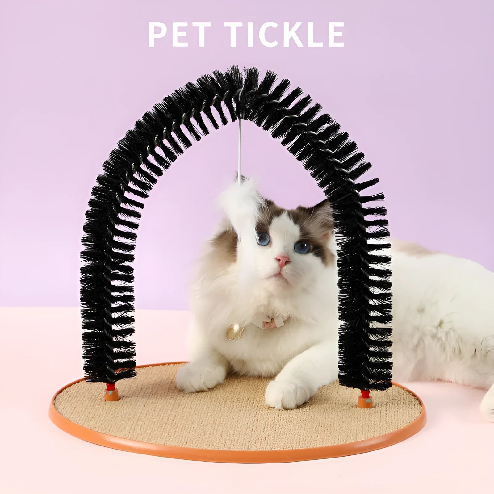 Black arch-shaped cat grooming brush with attached plush mouse toy on non-slip scratching base