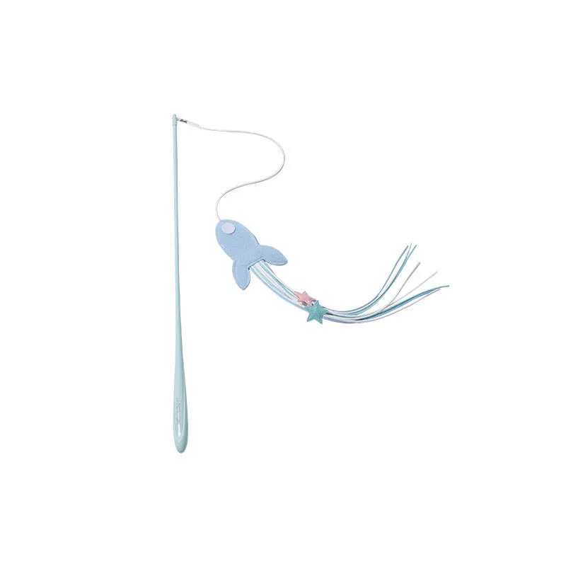 Blue cat teasing toy with long pole, feathered rocket head, and bite-resistant construction.