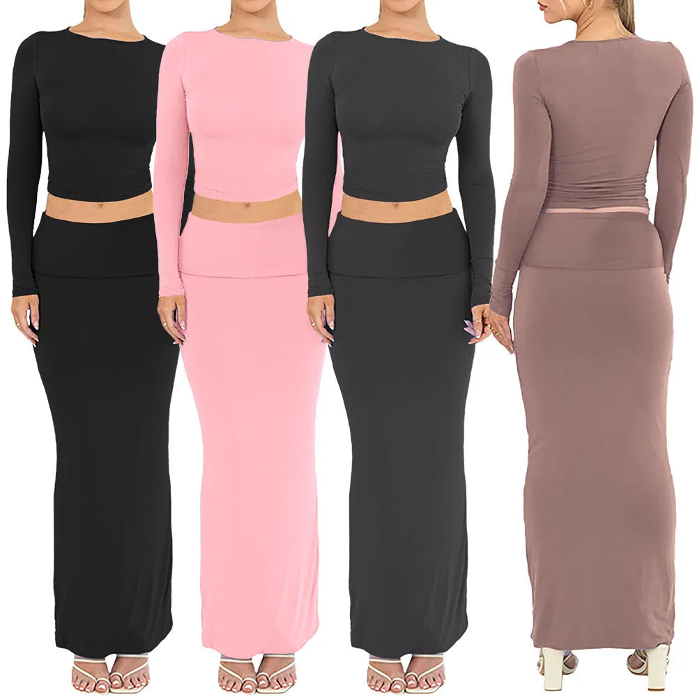 Women's autumn two-piece suit set in polyester with three-quarter sleeves and long skirt in sweet style
