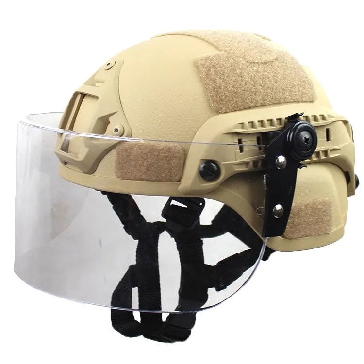 Transparent anti-riot tactical helmet shown in multiple colour options with protective visor