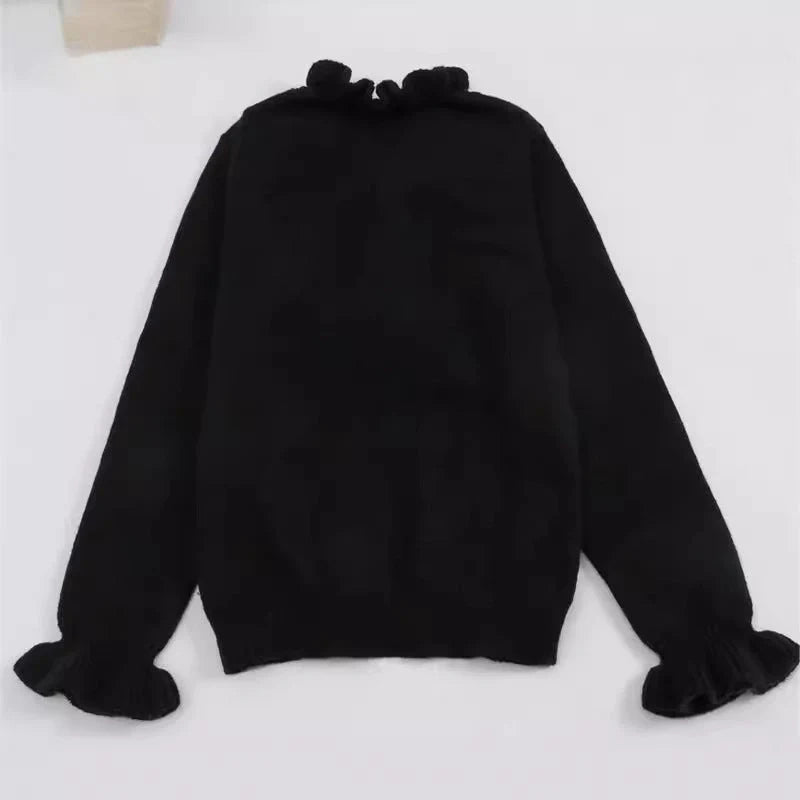 Winter V-neck Ruffled Knitted Sweater for Women in black, white, and pink