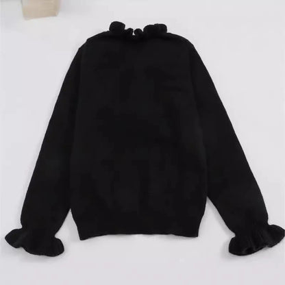 Winter V-neck Ruffled Knitted Sweater for Women in black, white, and pink