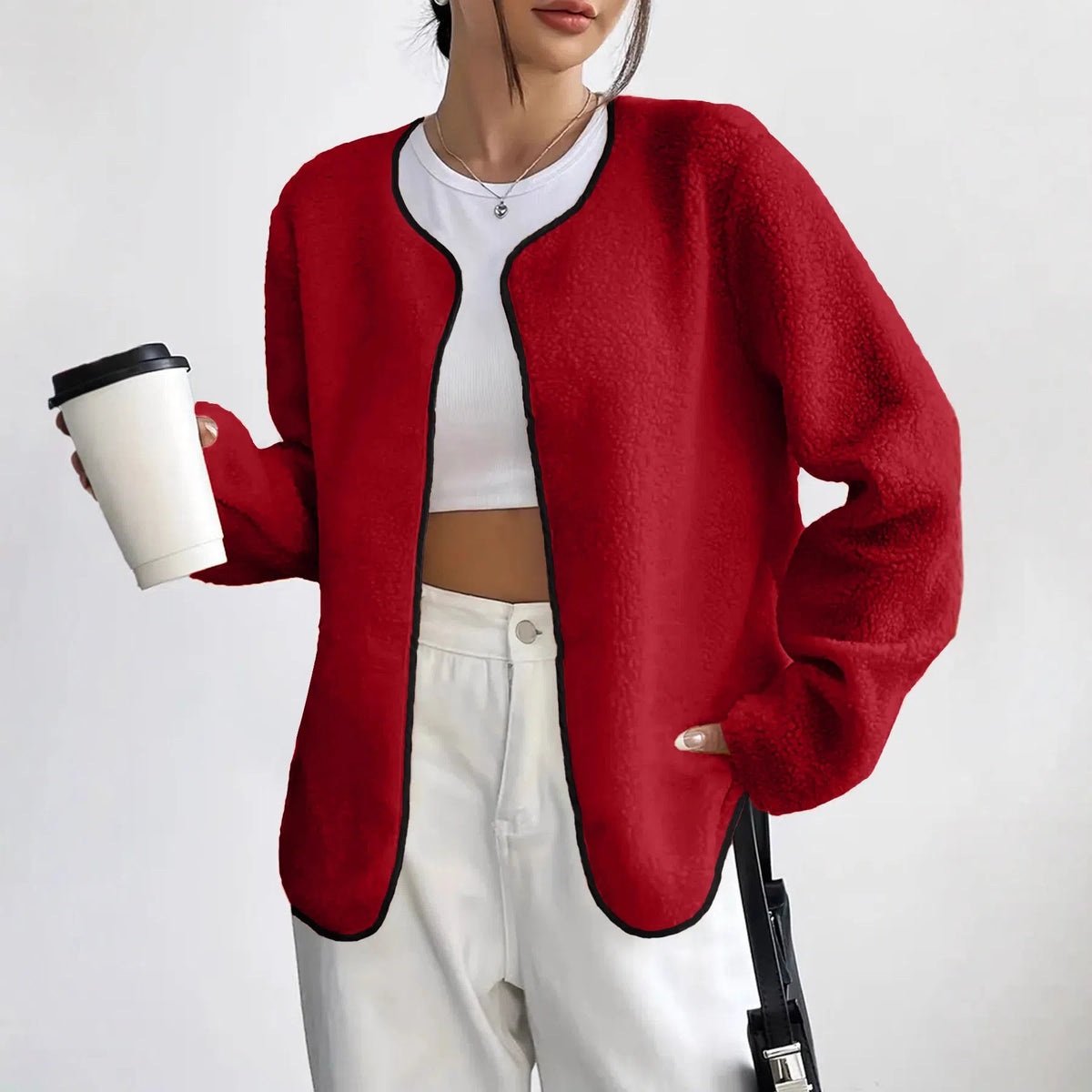 Women's fashion casual solid colour cardigan short jacket in brick red, medium thickness polyester fabric, long sleeves, regular fit