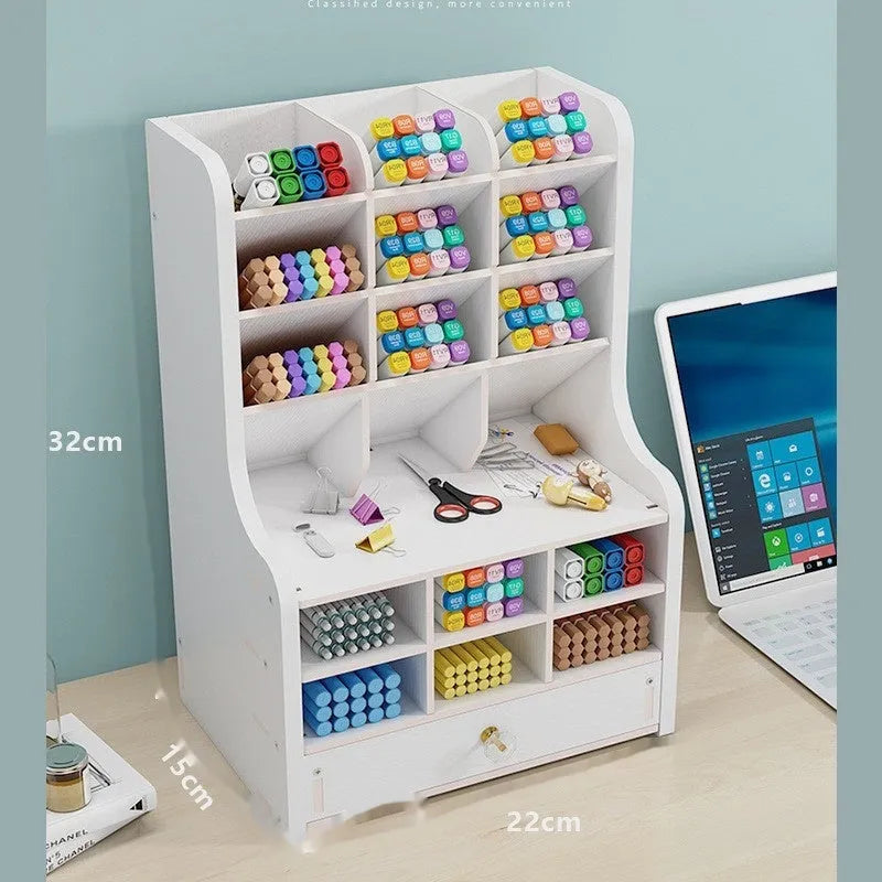 Square white plastic pen holder storage box with 10 individual grid compartments for organisation.
