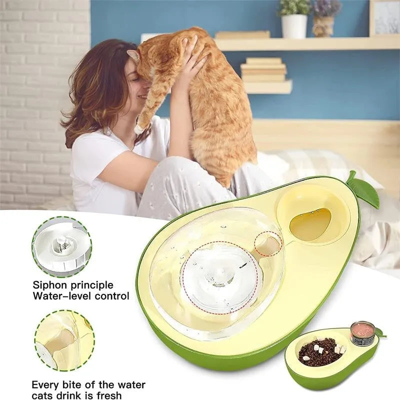 Avocado-shaped automatic pet feeder with water dispenser and two-part food bowl system