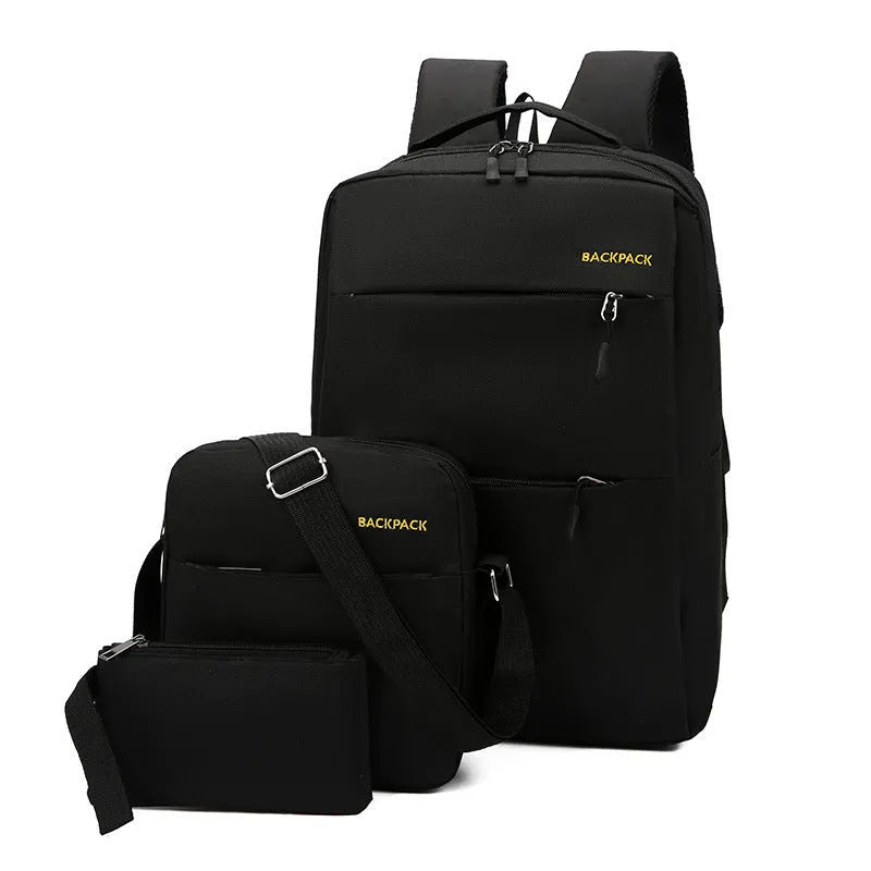 Men's casual three-piece nylon computer bag set with USB port in black, grey, navy, and wine red colours.