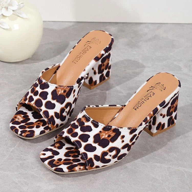 Leopard print square toe sandals with chunky heel for women in white, red, and camel