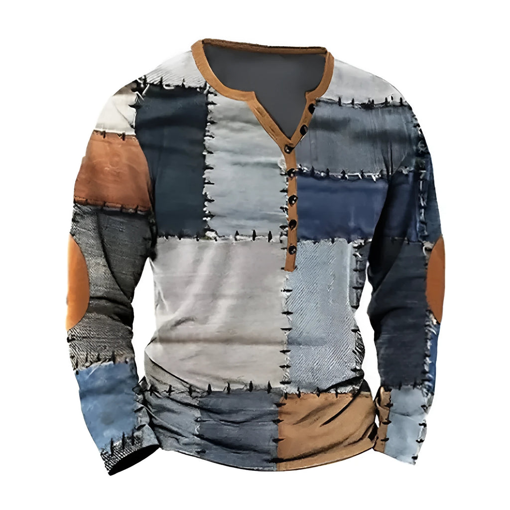 3D digital printed ethnic pattern top with open placket and buttons, loose fit, in multicolour, front view
