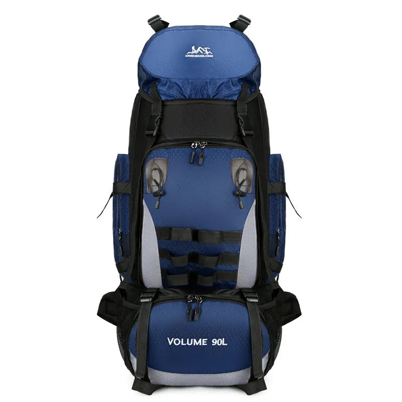 90L large capacity waterproof outdoor travel backpack for men in black, blue, and camouflage