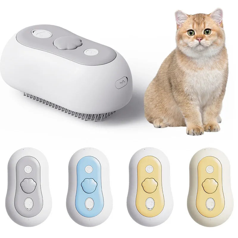 Pet spray cat cleaning massage comb device in beige yellow, blue, gray, or orange colours